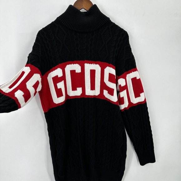 GCDS Sweater Mens Knit Oversized Mock Neck Logo Wool Blend Black Red White XS - Picture 4 of 13